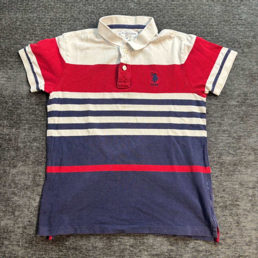US Polo Assn Mens Medium Colorblock Striped Polo Shirt Red White Blue Cotton